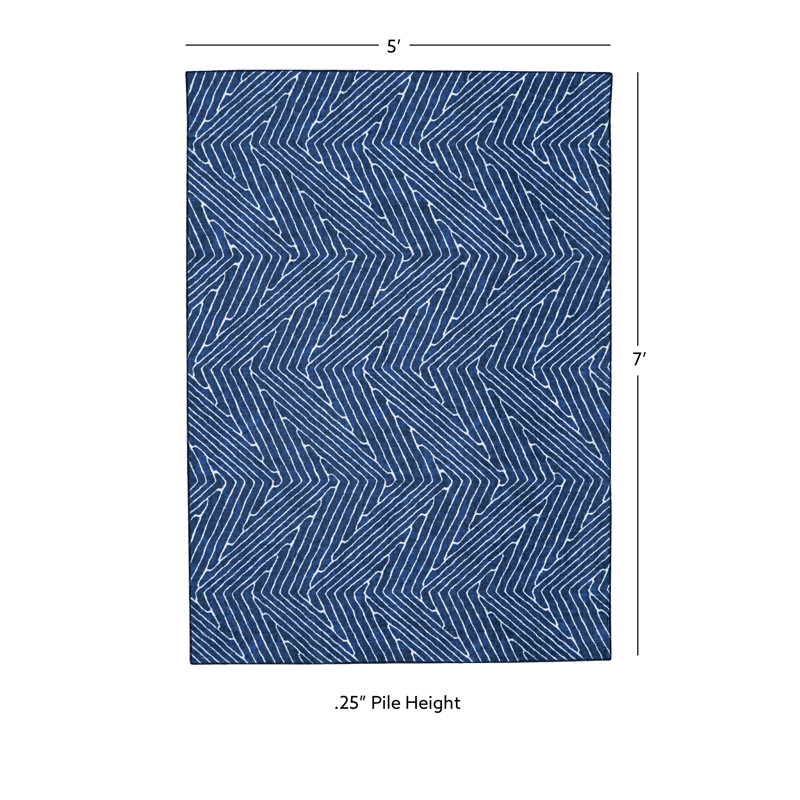 Delacroy Machine Washable Blue and Ivory Area Rug, Rectangle 5' x 7'