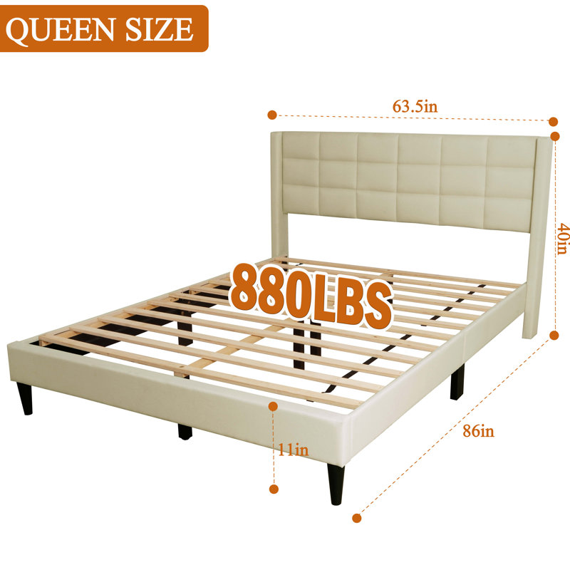 Base de lit plateforme grand avec tête de lit tapissier à oreilles, Beige, Grand lit