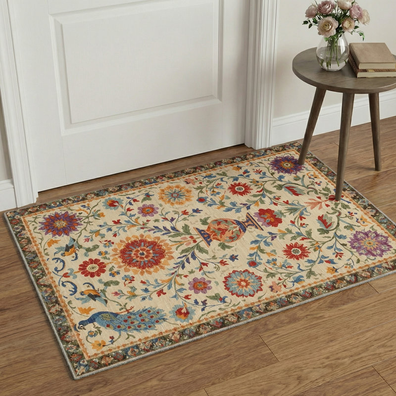 Tapis intérieur beige lavable à la machine avec envers antidérapant Astraea, Rectangle 6 pi x 9 pi