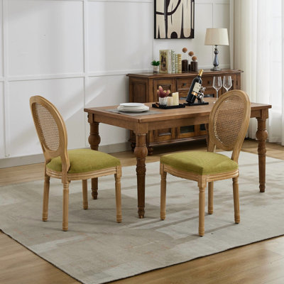 Chaises de salle à manger en bois d'hévéa massif de style français avec dossier en lin d'olive antique de style français pour une structure élégante de 2 pièces avec structure stable