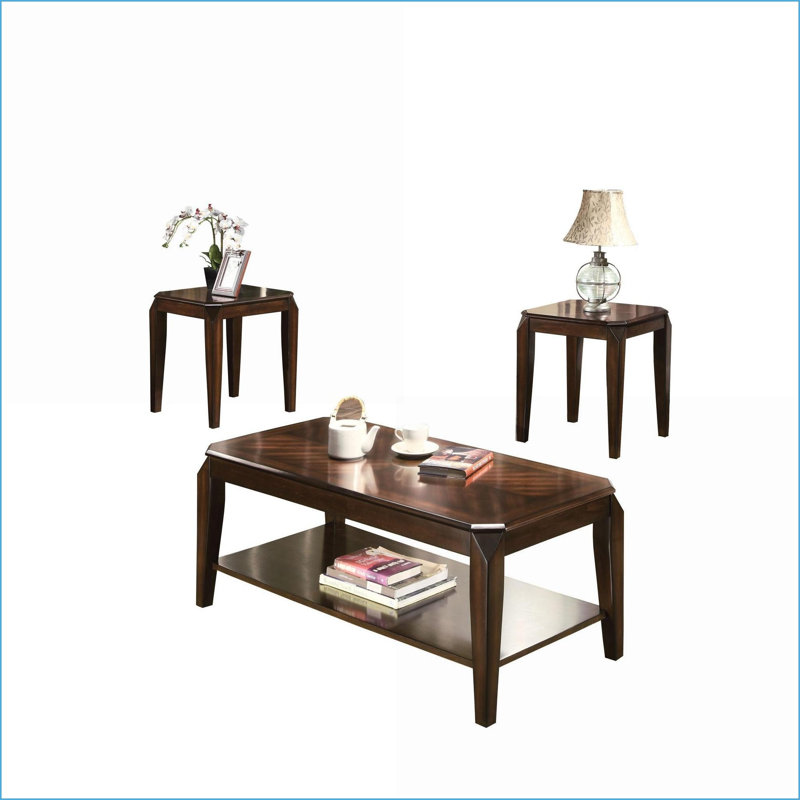 Noyer café 3PC & amp; Ensemble de tables de bout pour le salon - tablette de rangement Conception de parquet