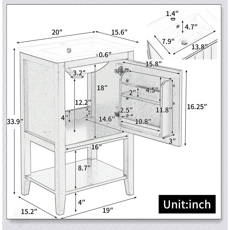 Meuble-lavabo de 20 pouces avec lavabo, porte à fermeture en douceur et rangement spacieux pour les salles de bain modernes