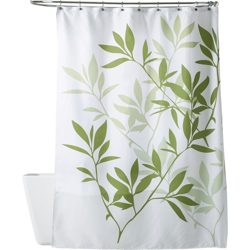 Standard White and Green Botanical Fabric Shower Curtain