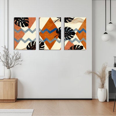 Tableau sur toile à motif de feuilles de Monstera tropicales et de formes géométriques, style bohème (lot de 3)