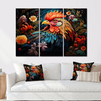 Coq coloré, prairie florale - coq animal, art mural
