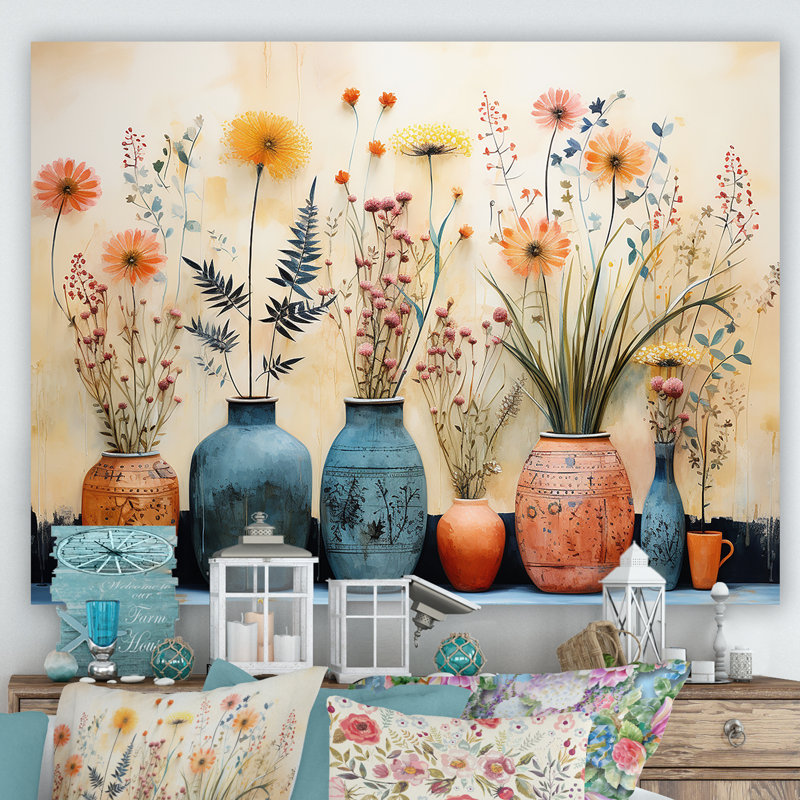 «Blue Floral Watercolor Pottery IV - Boho Pottery», art mural, H 16 po x l 32 po x P 1 po, Toile tendue