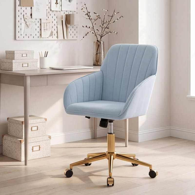 Adjustable Office Chair, Armchair, Swivel Chair With Metal Base, Baby Blue, Gold