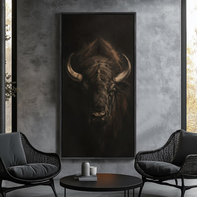 Majestic Dark Bison Horned Wildlife Portrait Neutral Tone Animal Wall Art - Large Framed Canvas Master Bedroom Wall Art Print