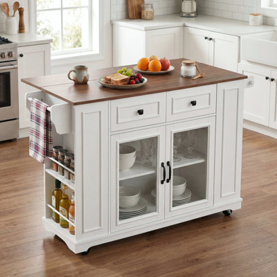 Îlot de cuisine mobile de 54 po avec porte vitrée, prise de courant et tablettes ouvertes, chariot de cuisine roulant avec porte-serviettes, support à épices et porte-couteaux, table de préparation fonctionnelle pour la cuisine, la salle à manger