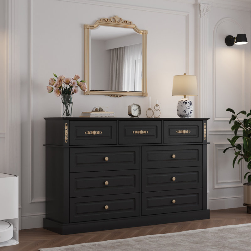 black dresser with gold knobs FUFU&GAGA Embossed 6-Drawer 63 in. Knobs, Modern Artistic Chest for Bedroom or Living Room Storage JXR-KF200287-01 Say goodbye to clutter and hello to an organized and serene environment 8 Drawer Black Double Dresser