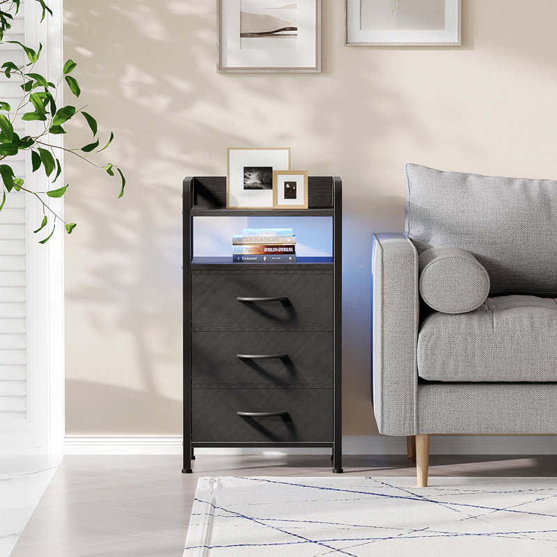 3 Drawer Nightstand with Charging Station & LED Light Strip, Black