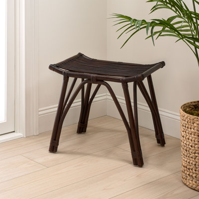 Gabriel 18" Handcrafted Dark Brown Rattan and Solid Teak Wood Backless Vanity Stool, Bohemian Accent Ottoman Footstool for Living Room