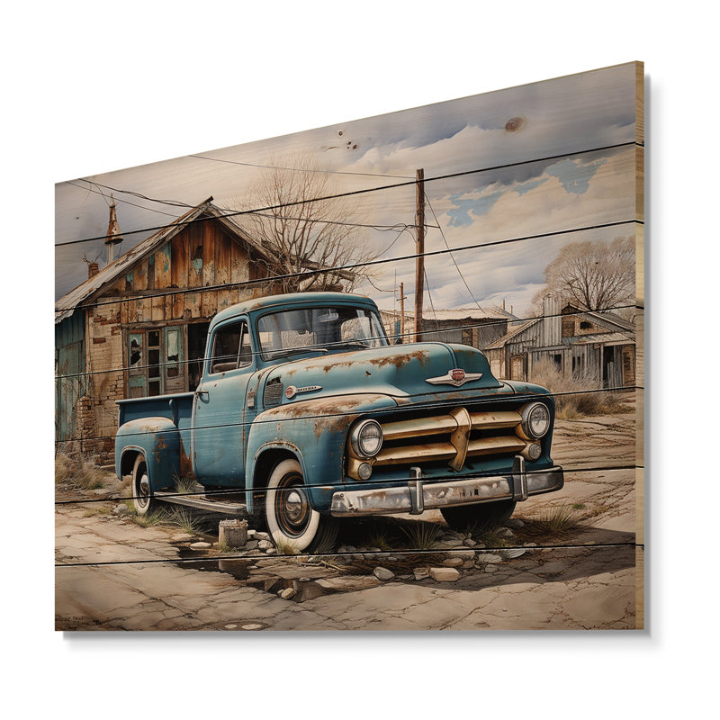 Camionnette bleue, bord de route, nostalgie sur bois, H 24 po x l 32 po x P 0,78 po