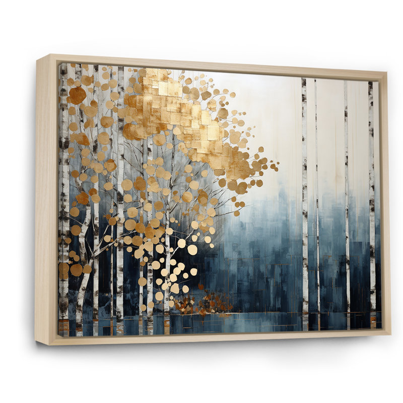 Minimalisme bleu et forêt dorée - art mural forêt, H 24 po x l 32 po x P 1 po, Cadre naturel flottant