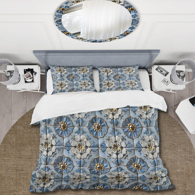 Ensemble de housse de couette à motif floral bleu et doré Vintage, Housse de couette très grand + 2 taies décorativ