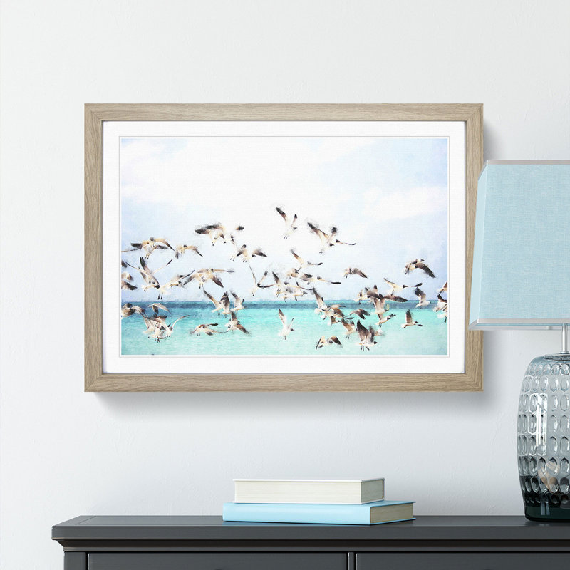 Flock Of Seagulls Over The Sea - Single Picture Frame Print on MDF, 33cm H x 45cm W x 2cm D, Oak Framed