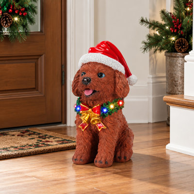 Lighted Christmas Teddy Poodle Statue with Santa Hat and LED Wreath