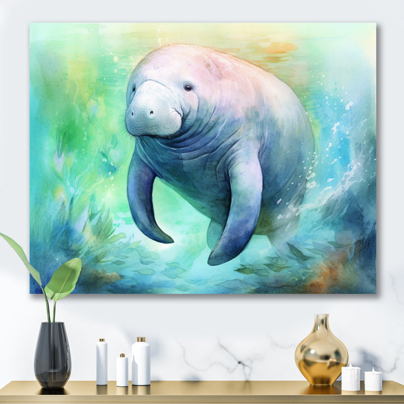 Gentle Manatee I - Art mural lamantin, H 24 po x l 32 po x P 1 po, Toile tendue