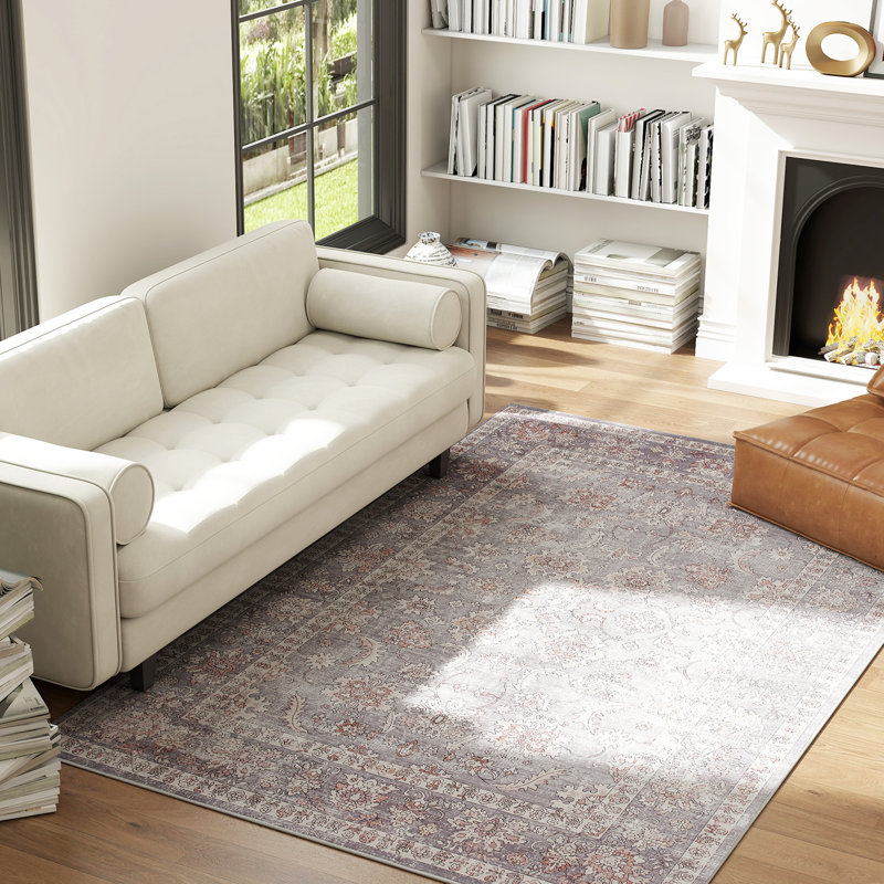 Area Rug   Machine Washable Rug, Non-Slip Traditional Flower Print Floor Cover Foldable Carpet for Living Room, Bedroom, Dining Room, Grey and Brown