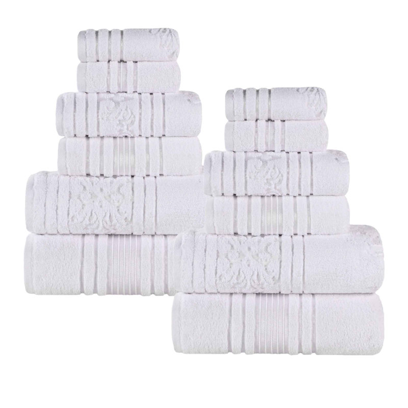 Ensemble de serviettes en coton uni et jacquard Sadie Zero Twist, Ensemble de serviettes - 12 pièces, Blanc, À rayures