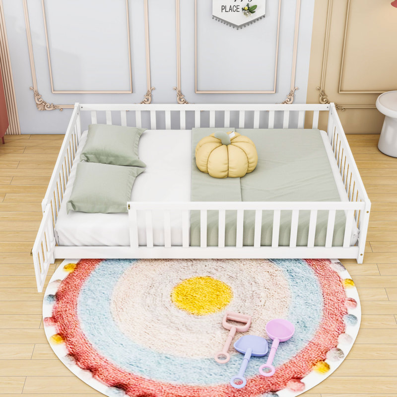 Lit en bois avec clôture et porte, Complète, Blanc