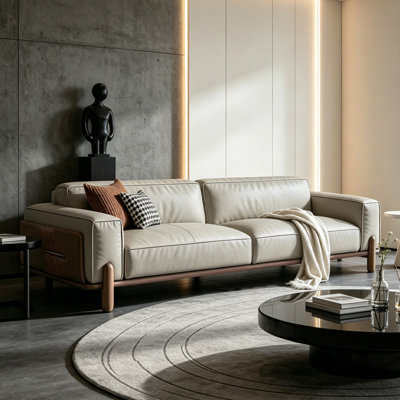 Modern Genuine Leather Sofa, Living Room Couch with Wood Legs & Inserts, Contact Area Leather Sofa with Double Stitching & Solid Wood Frame