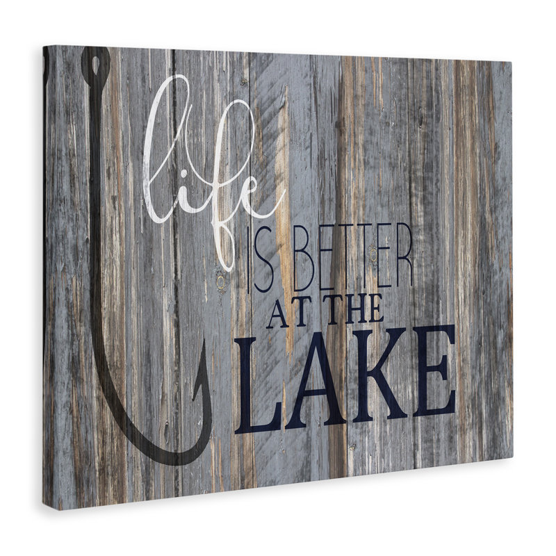 «Life Better Lake Quote Fish Lakehouse», art nautique sur toile surdimensionné par Kim Allen, H 24 po x l 30 po