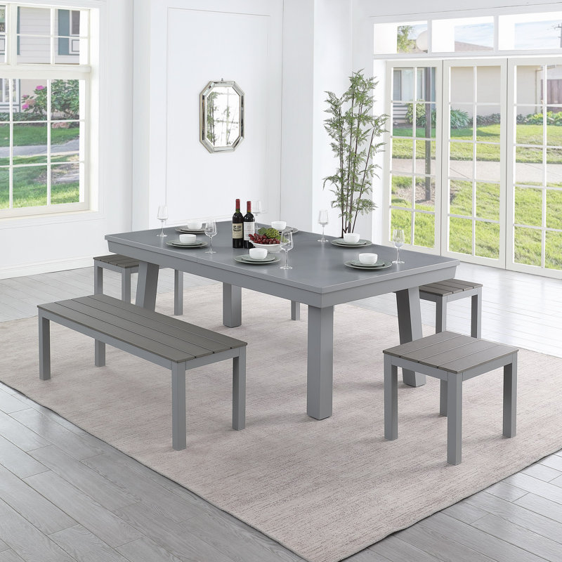Table de salle à manger d'extérieur / d'intérieur en ardoise avec 4 bancs et accessoires Oasis, Mauve clair, 7 pi, gris