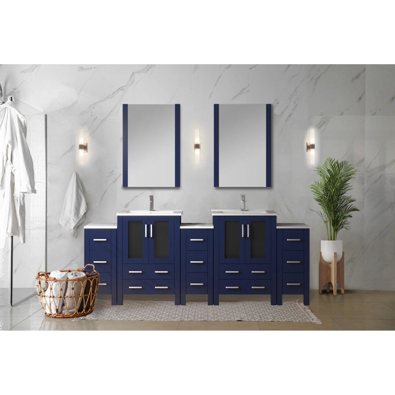 Meuble-lavabo double bleu marine 84 po W, avec armoires latérales, robinet, comptoir en céramique blanche, 22 miroirs et surface à gratter, robinet, teinture