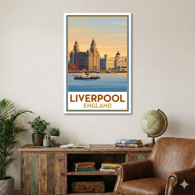Liverpool, England - Sunset on the Mersey: Romantic Vintage Travel Poster. Giclee Print on Wrapped Canvas. Wall Art, Home Decor - Cities & Towns, England 1 Piece Wrapped Canvas Wall Art