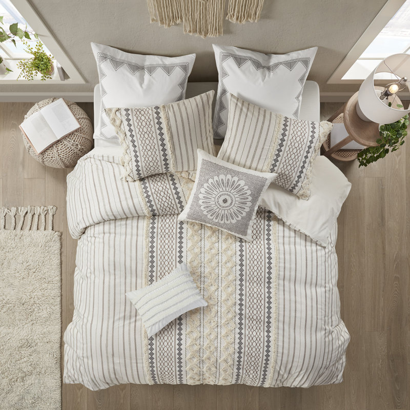 Ensemble d'édredon en coton 3 pièces Imani, Édredon pour très grand lit + 2 taies décorativ, Ivoire