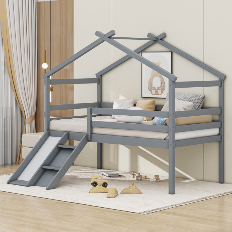 Lit simple mezzanine bas avec glissade, échelle, barrières de sécurité, gris