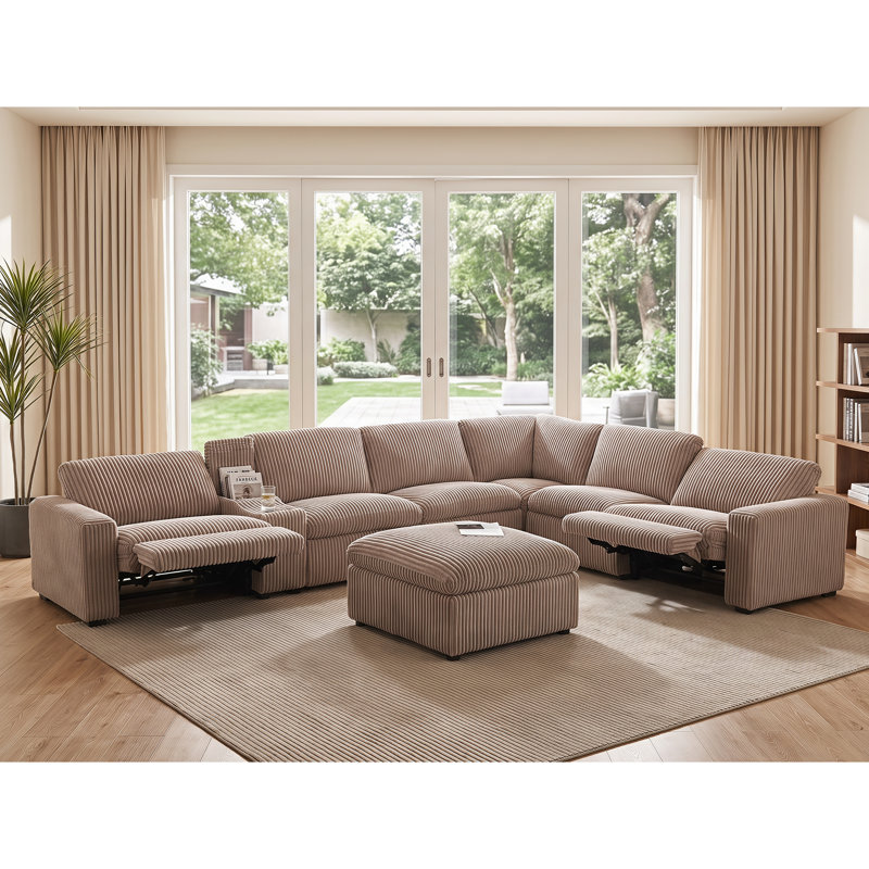 8 Piece Modern Corduroy L Shaped Power Reclining Sectional Couch with Storage & Wireless Charging, Brown Corduroy