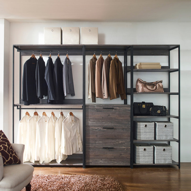 Kennyth Freestanding Walk in Wood Closet System with Metal Frame, 77.70" x 111" x 17.30", Rustic Gray