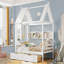 Lits doubles avec tiroirs de rangement et fenêtres, lit pour tout-petit avec structure en bois massif et tablettes. Un design ludique en blanc clair-488215983-488215977