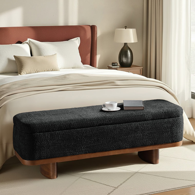 Cheryl Modern 57”W Chenille Simple Assemble Flip Top Storage Bench with Solid Wood Frame, Black