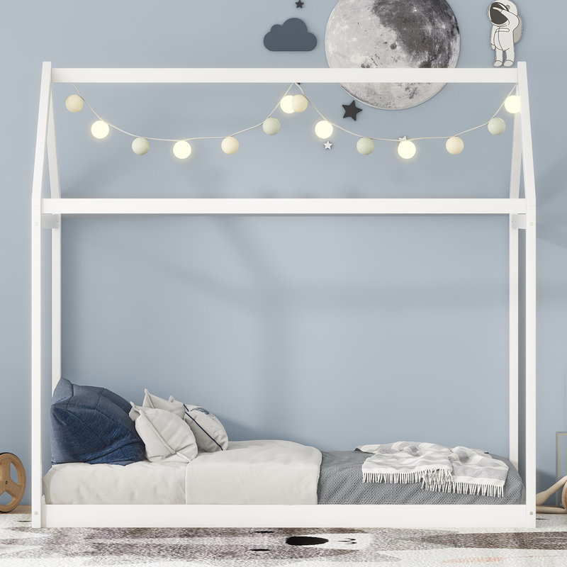 Twin Size Wooden House Bed, White, White