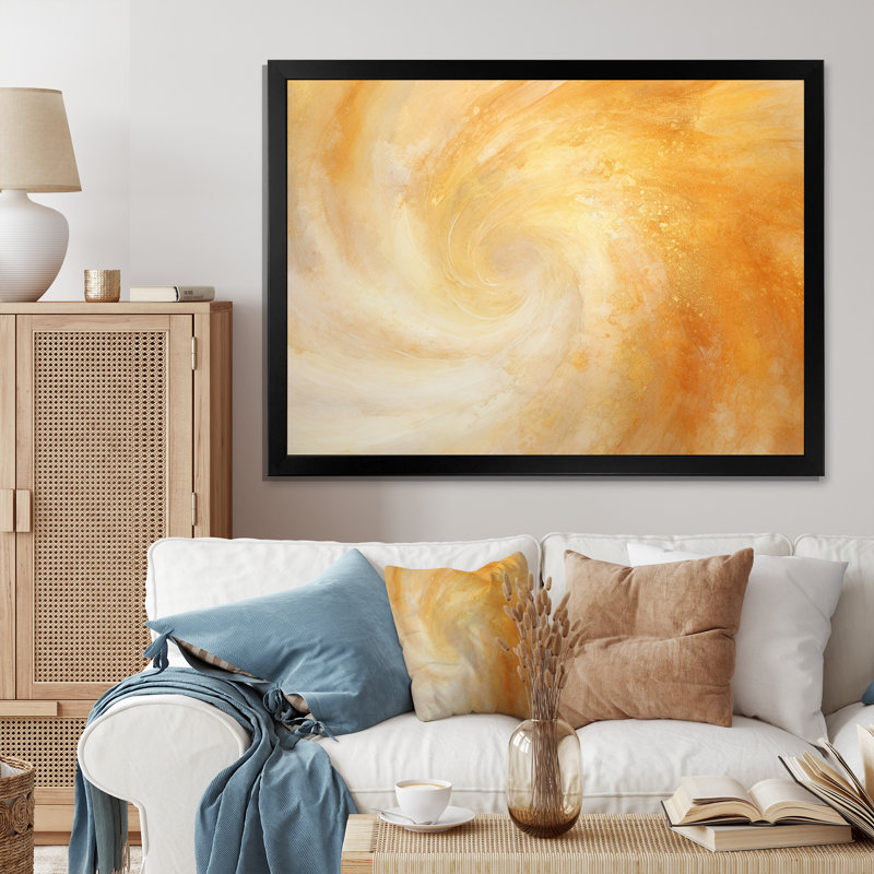 «Champagne Sunrise Spiral», art abstrait sur toile, H 12 po x l 20 po x P 1 po, Cadre simple noir