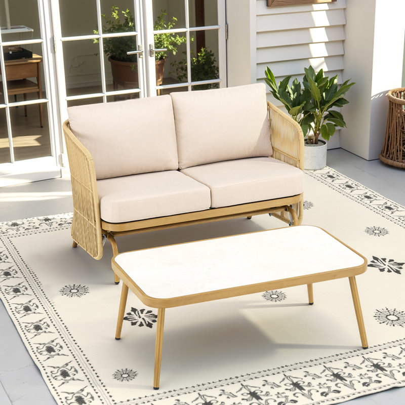 2-Person All-Weather Pe Rattan Glider Loveseat With Coffee Table, Outdoor Patio Sofa Set With Beige Cushions (Weather-Resistant)