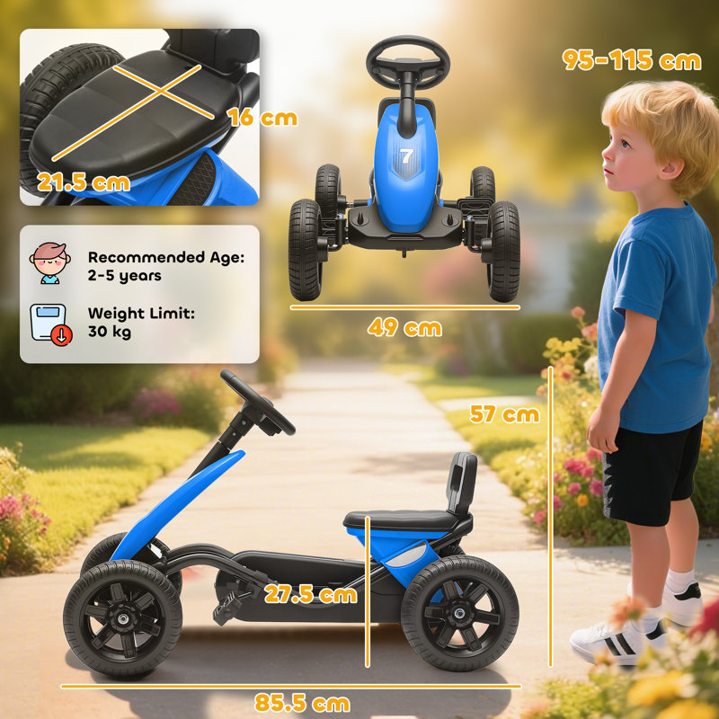 AIYAPLAY Pedal Go Kart for Kids with Silent EVA Tyres for 2-5 Years, Blue