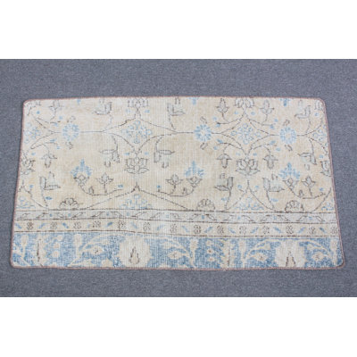 Handwoven Beige Turkish Oushak Rug - Small Vintage Wool Gift Rug with Intricate Design