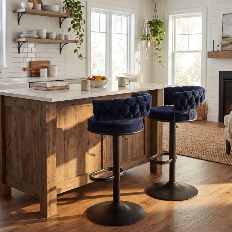 Modern Woven Blue Fabric Tufted Back Swivel Bar Stools With Adjustable Height Black Metal Base And Footrest Stylish Stools For Kitchen Counter Breakfast Bar Or Home Bar, Set Of 2