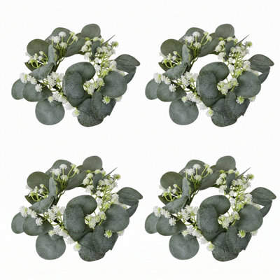 4 Pcs Artificial Eucalyptus Candle Rings with Baby's Breath, 7.87 Inch Mini Greenery Wreaths, Faux Eucalyptus Wreath Rings for Pillar Candle, Wedding Table Centerpiece, Home Decor
