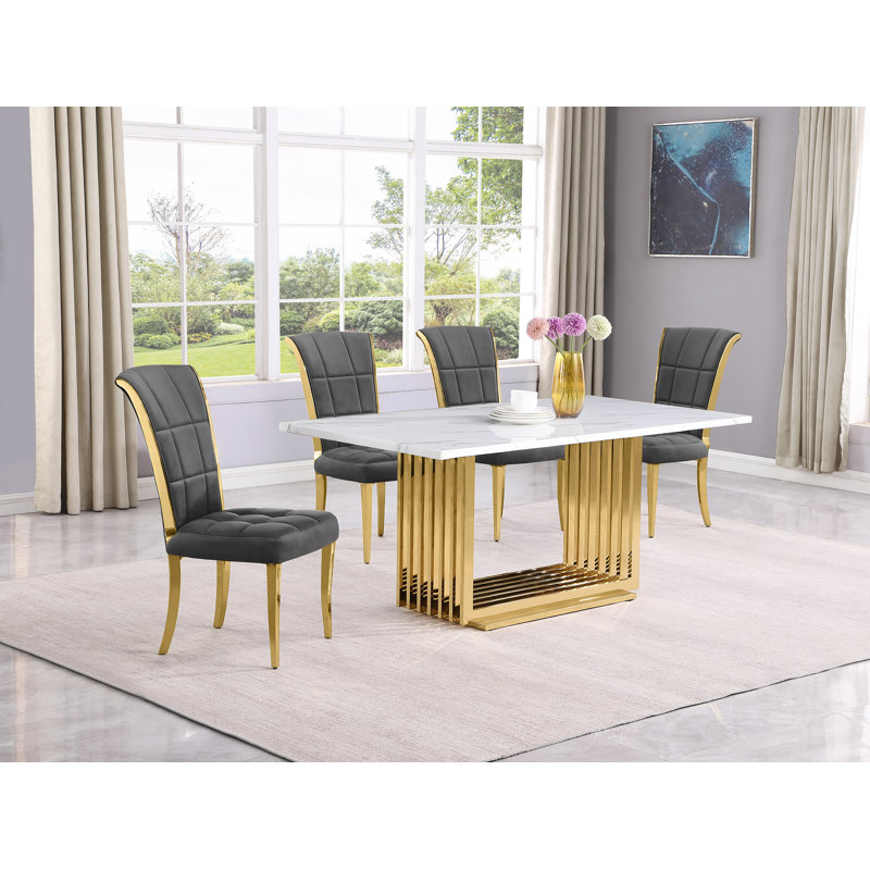Kernisha Marble Top Pedestal Dining Set, 5, Gray/Gold, Gold