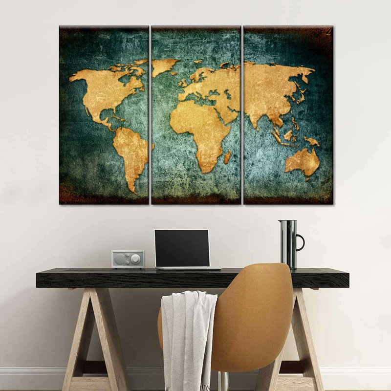 " Grunge World Map Wall Art Multi Piece Canvas Print " 3 - Pieces, 36" H x 57" W x 1.25" D
