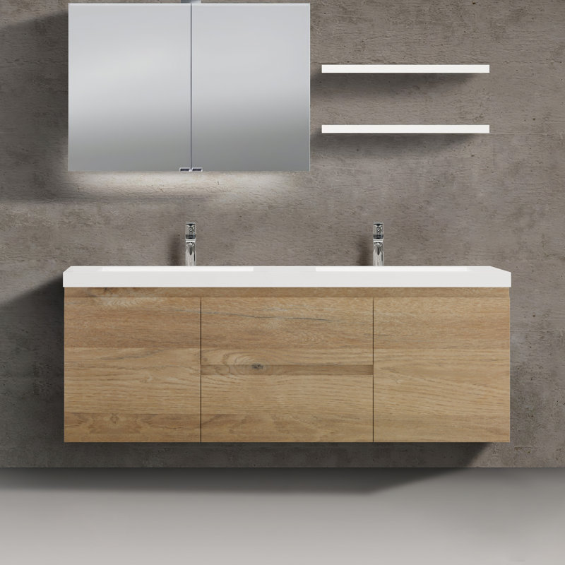 Meuble-lavabo double 59 po avec comptoir Ellswerth, Chêne naturel