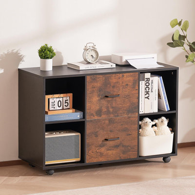 Classeur à 2 tiroirs en bois, classeur mobile avec tablettes ouvertes, rangement latéral à roulettes avec roues verrouillables, support pour imprimante autoportant moderne pour la maison, le bureau, l'école, noir