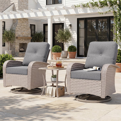 3-Piece PE Wicker Patio Conversation Set, Swivel Rocker Chairs with Cushions & Glass Side Table, All Weather Outdoor Furniture for Backyard Porch Deck, Gray