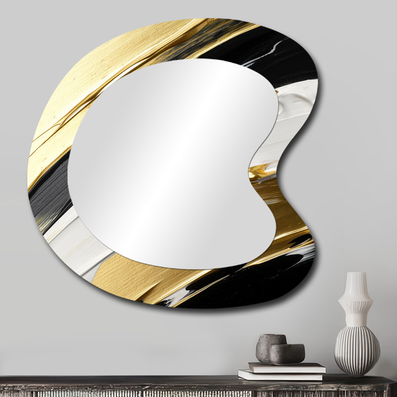 Genina Waves Of Midnight Passion Abstract Black Gold - Abstract Painting Unique Shape Wall Mirror, Gold Asymmetrical Decorative Mirror, Printed Metal Art