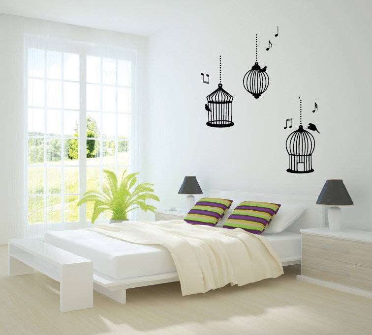 Décalcomanie murale cages d’oiseaux de chanson, Noir, H 56 po x l 33 po x P 0,01 po